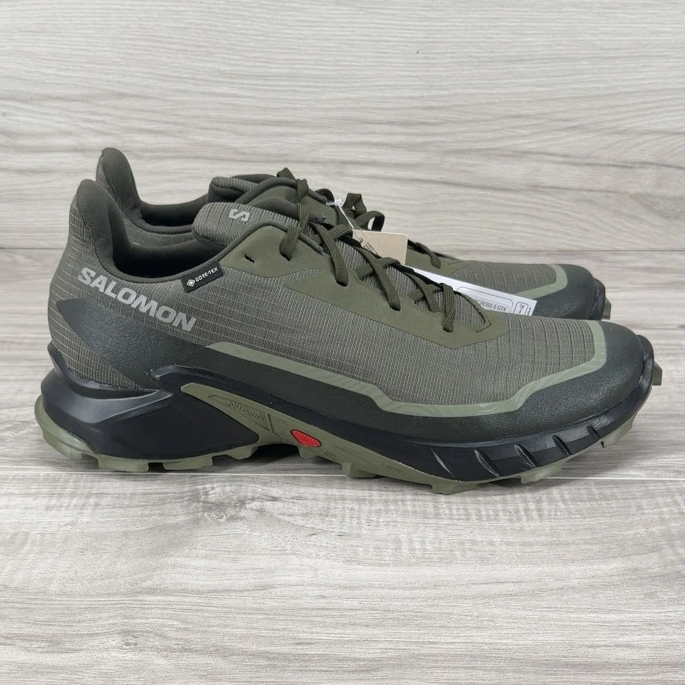 Salomon Alphacross 5 GTX Gore-Tex Trail Running Shoes Olive Black Men's Sz 11.5